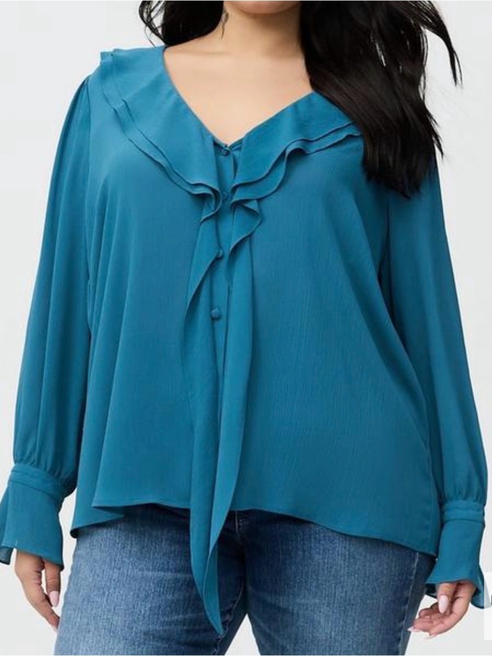 NWT Torrid chiffon ruffle tie neck blouse in mallard blue, Torrid size 2, 2X